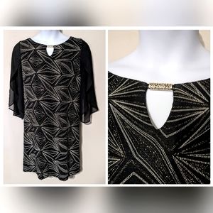 AGB Dress, Black W/ Gold Sparkle, Sheer Tulip Sleeves, Size 12